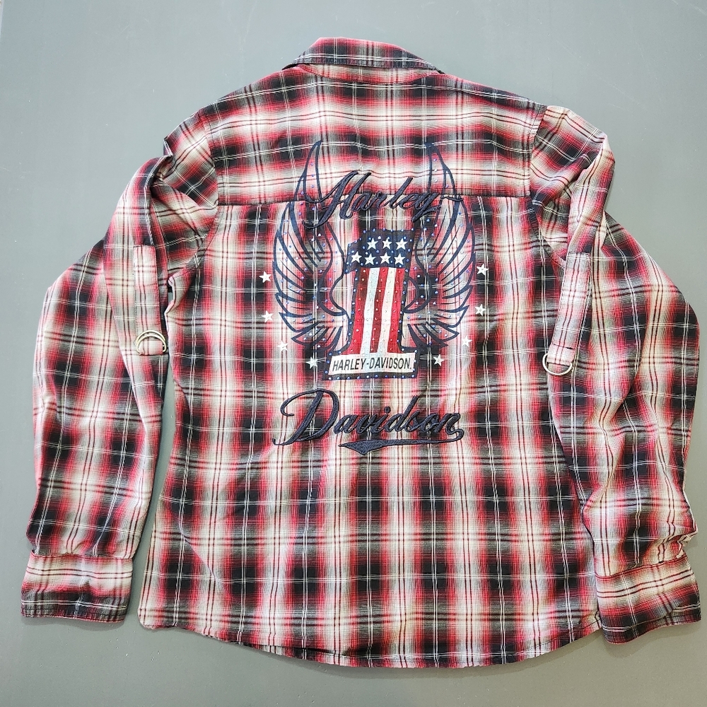 Harley Davidson Womens M Plaid Pearl Snap Embroidered Shirt Pockets Rhinestone